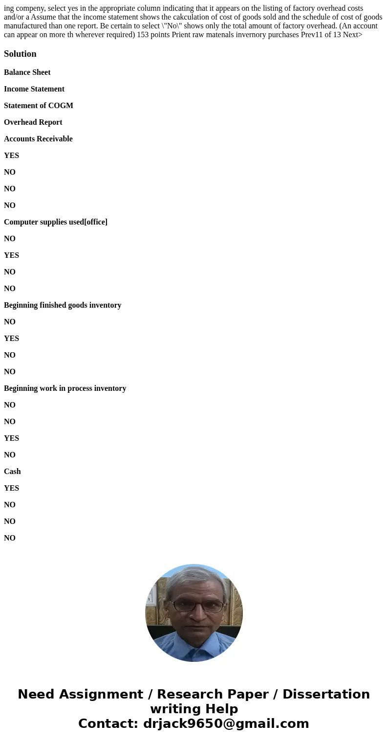 ing compeny, select yes in the appropriate column indicating that it appears on the listing of factory overhead costs and/or a Assume that the income statement  ing compeny, select yes in the appropriate column indicating that it appears on the listing of factory overhead costs and/or a Assume that the income statement
