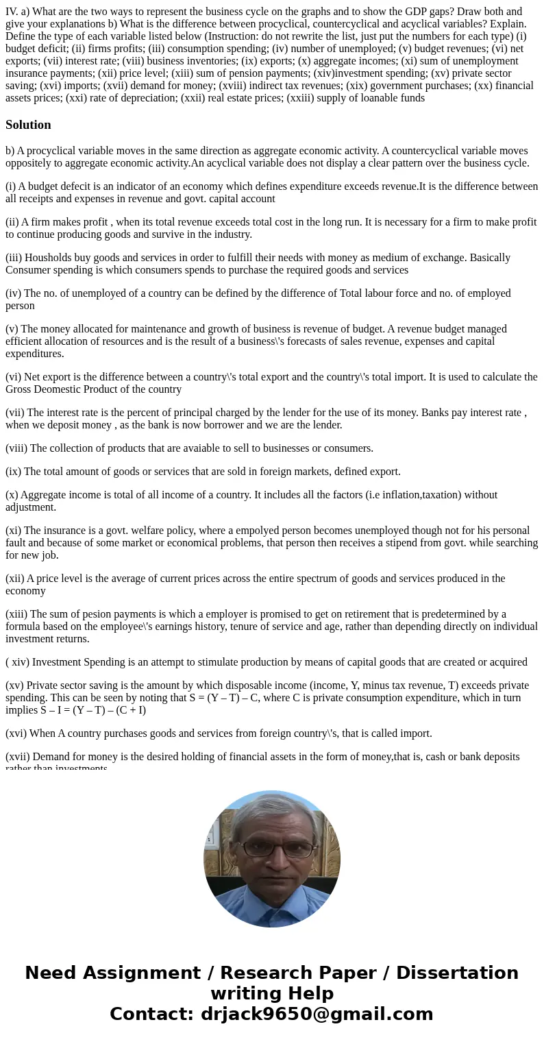 IV. a) What are the two ways to represent the business cycle on the graphs and to show the GDP gaps? Draw both and give your explanations b) What is the differ  IV. a) What are the two ways to represent the business cycle on the graphs and to show the GDP gaps? Draw both and give your explanations b) What is the differ