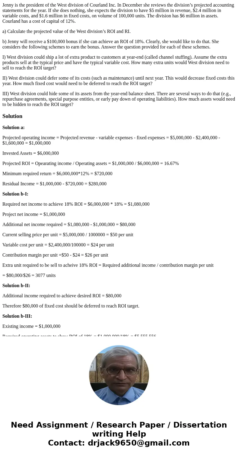 Jenny is the president of the West division of Courland Inc. In December she reviews the division’s projected accounting statements for the year. If she does no Jenny is the president of the West division of Courland Inc. In December she reviews the division’s projected accounting statements for the year. If she does no
