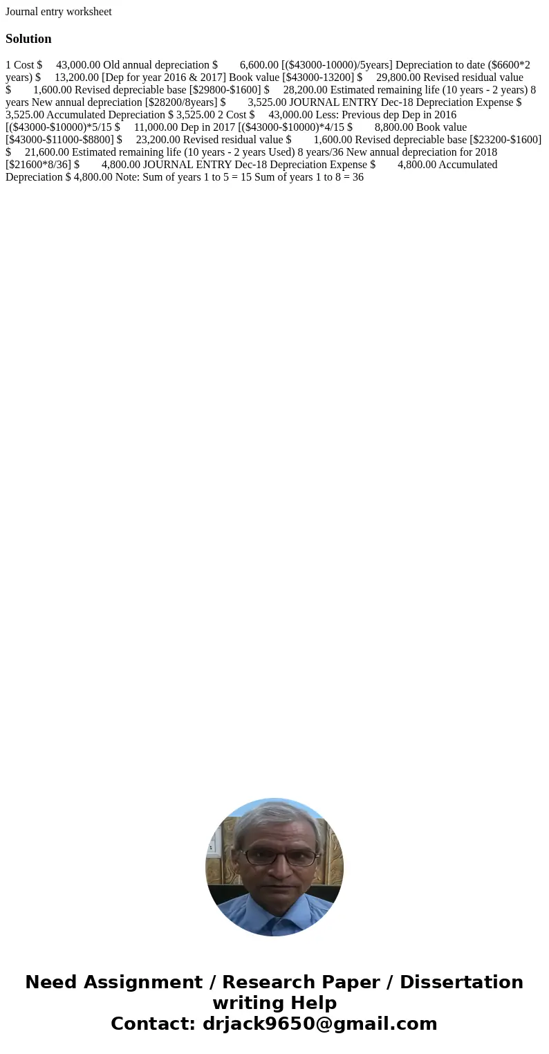  Journal entry worksheet Solution 1 Cost $ 43,000.00 Old annual depreciation $ 6,600.00 [($43000-10000)/5years] Depreciation to date ($6600*2 years) $ 13,200.00