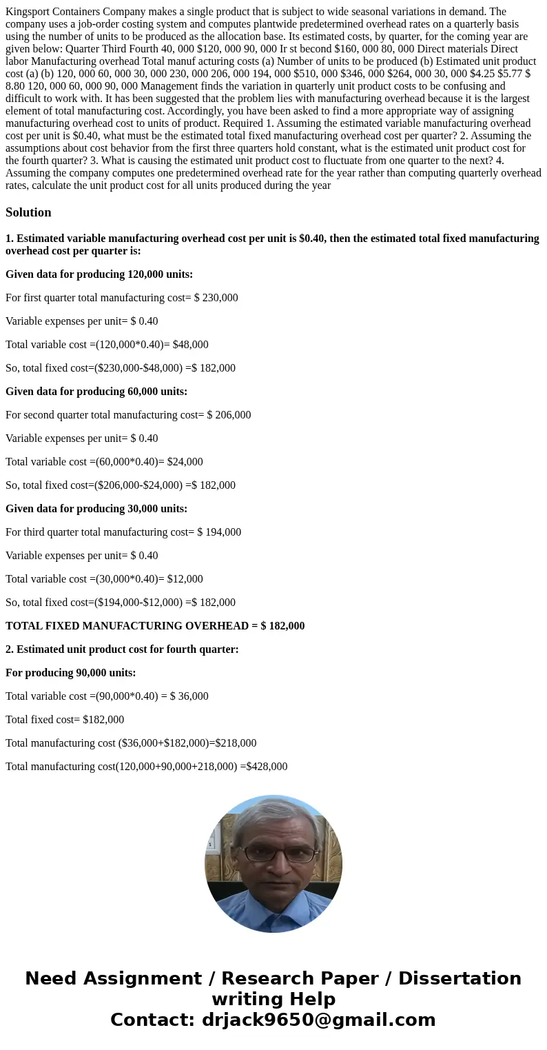 Kingsport Containers Company makes a single product that is subject to wide seasonal variations in demand. The company uses a job-order costing system and comp  Kingsport Containers Company makes a single product that is subject to wide seasonal variations in demand. The company uses a job-order costing system and comp