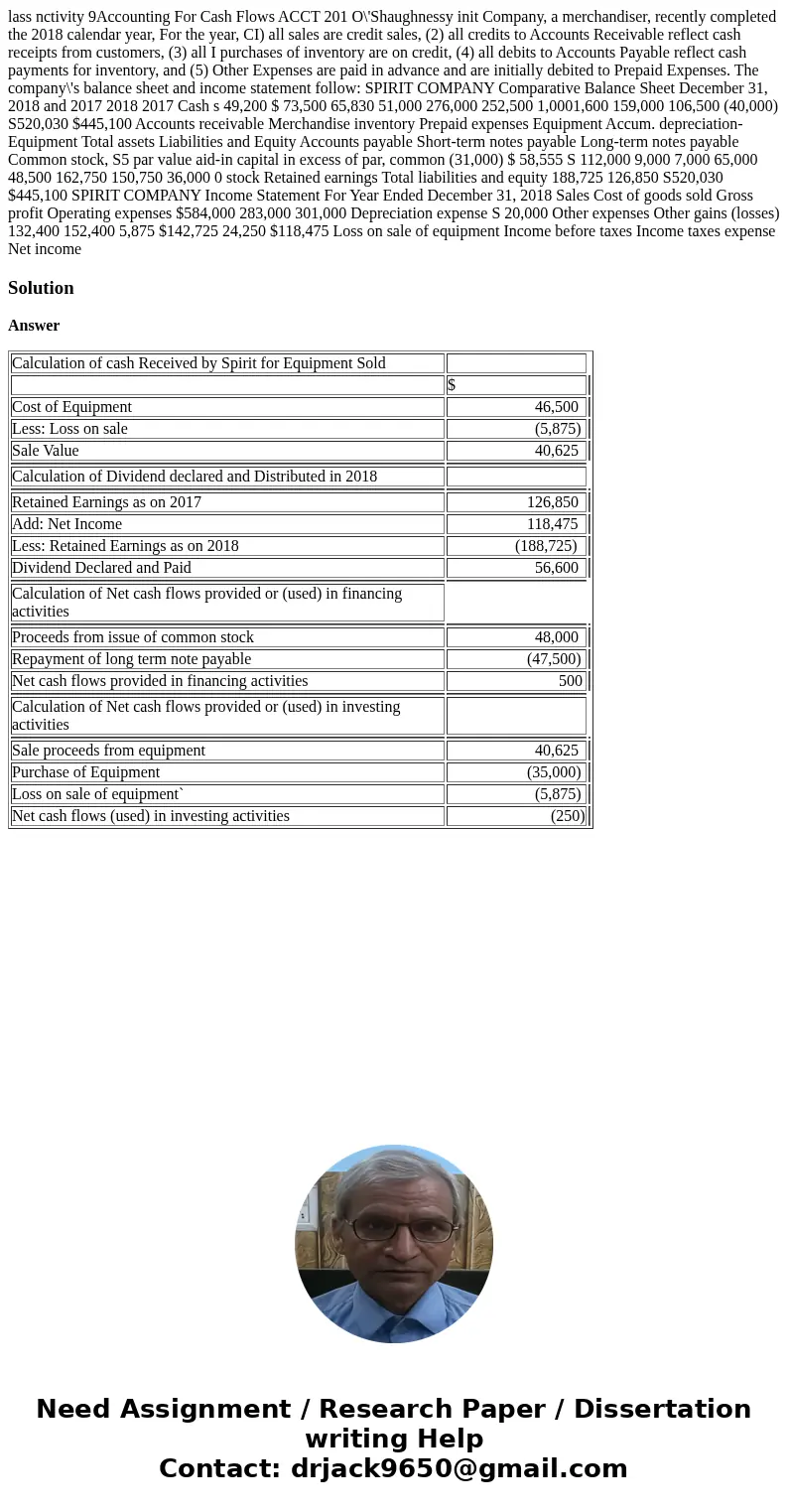  lass nctivity 9Accounting For Cash Flows ACCT 201 O\'Shaughnessy init Company, a merchandiser, recently completed the 2018 calendar year, For the year, CI) all