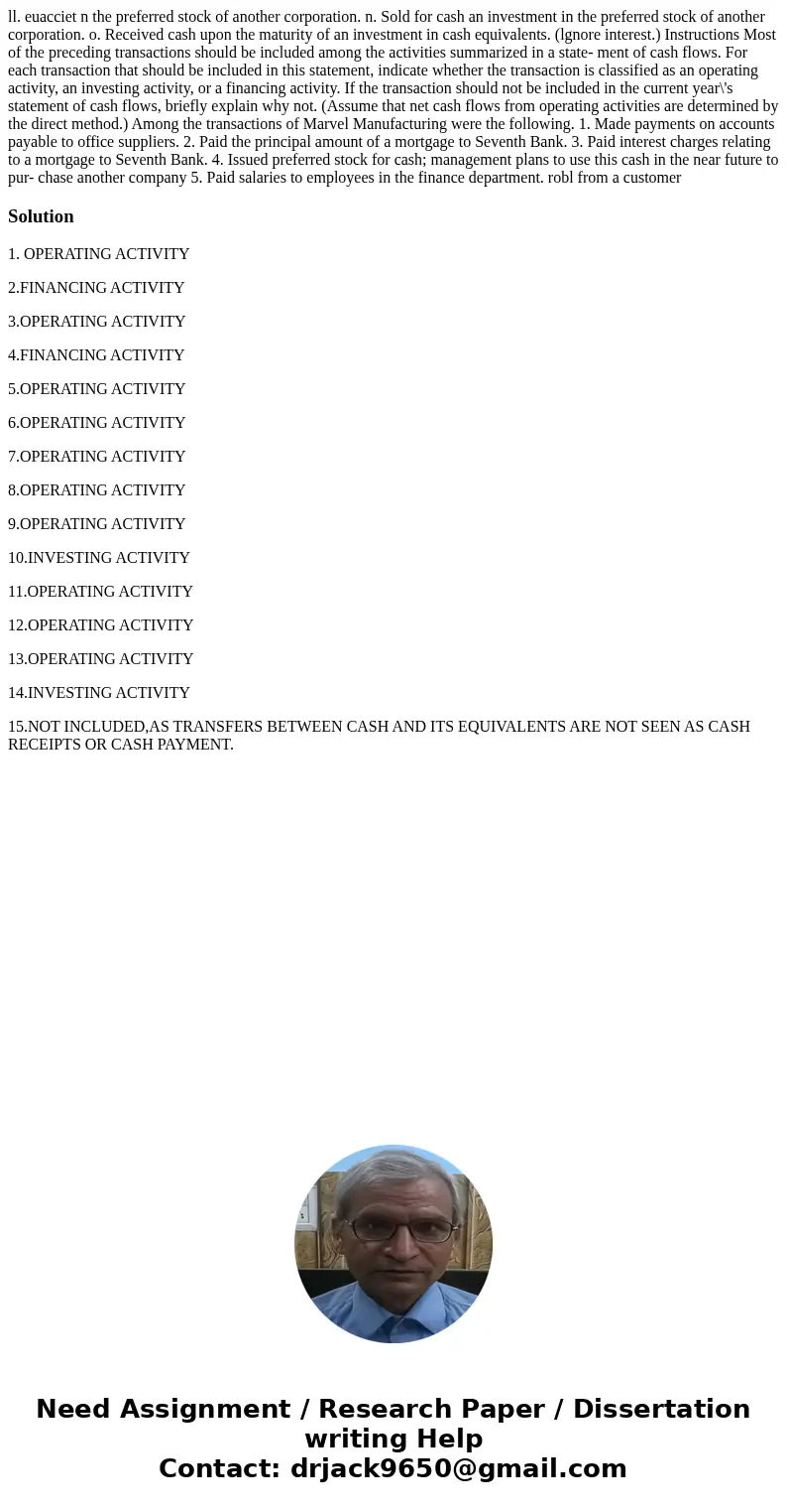 ll. euacciet n the preferred stock of another corporation. n. Sold for cash an investment in the preferred stock of another corporation. o. Received cash upon   ll. euacciet n the preferred stock of another corporation. n. Sold for cash an investment in the preferred stock of another corporation. o. Received cash upon