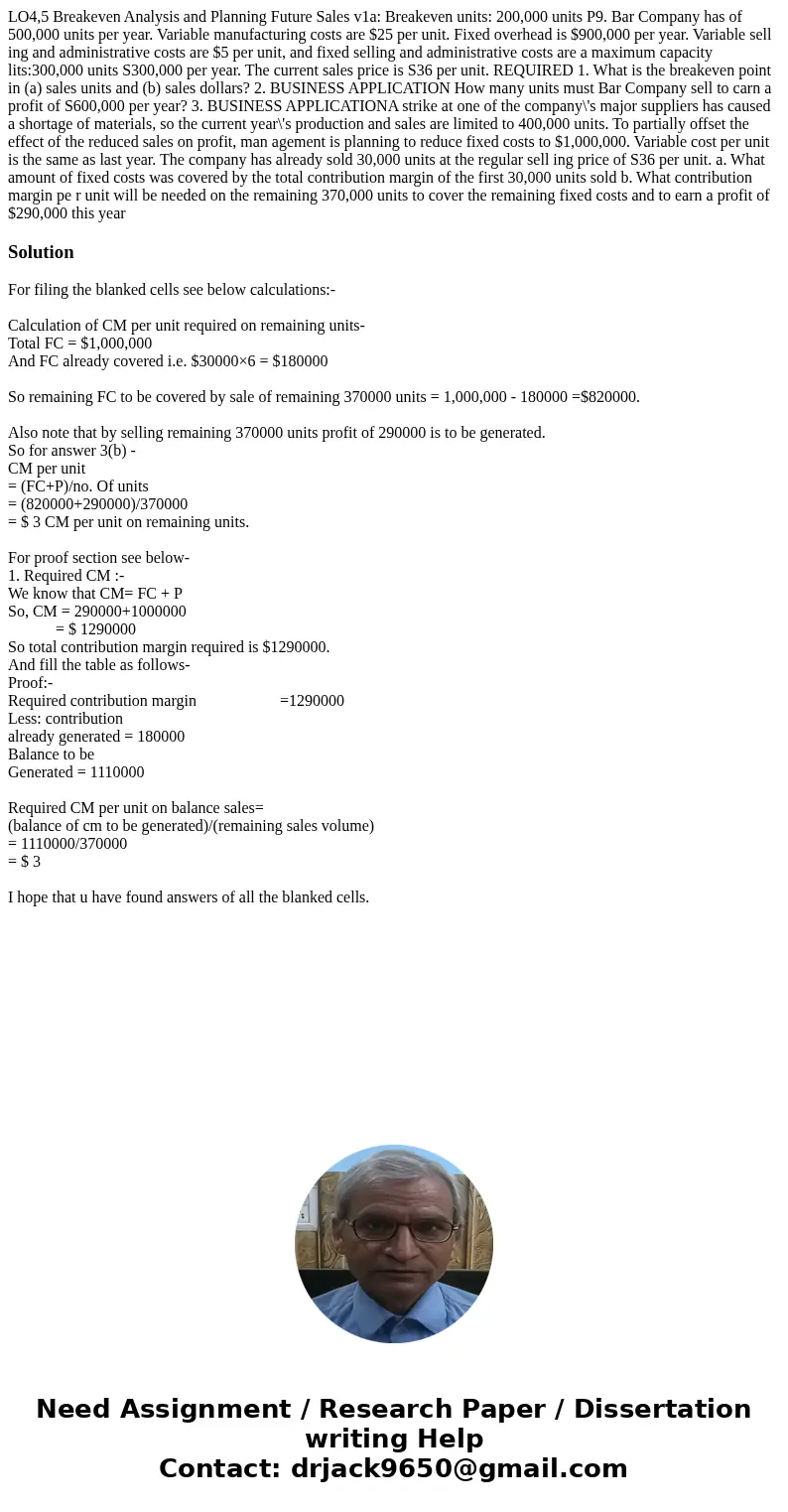  LO4,5 Breakeven Analysis and Planning Future Sales v1a: Breakeven units: 200,000 units P9. Bar Company has of 500,000 units per year. Variable manufacturing co