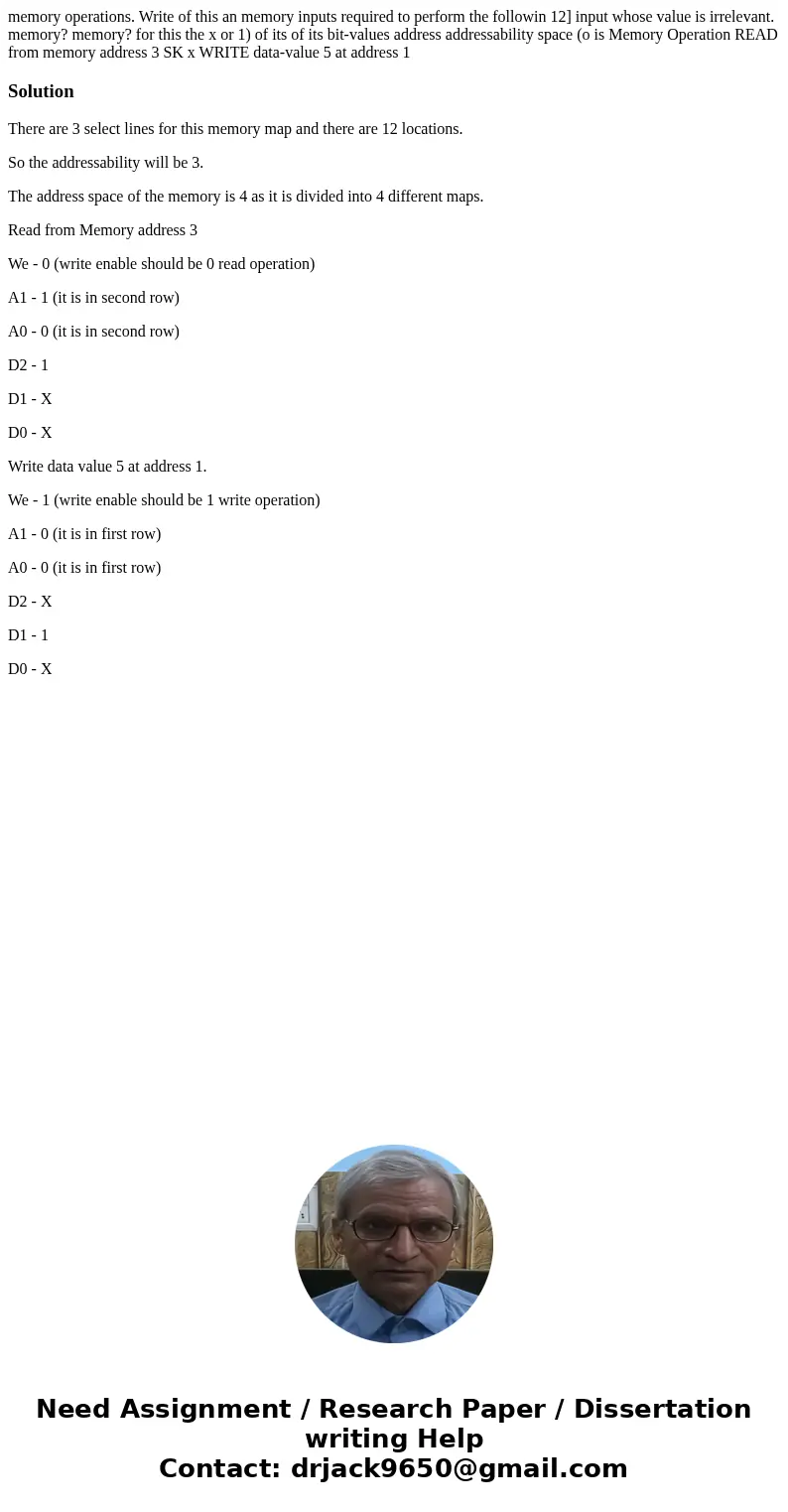  memory operations. Write of this an memory inputs required to perform the followin 12] input whose value is irrelevant. memory? memory? for this the x or 1) of
