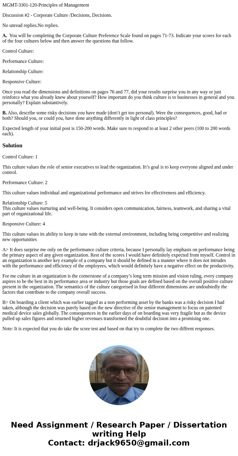 MGMT-3301-120-Principles of Management Discussion #2 - Corporate Culture /Decisions, Decisions. No unread replies.No replies. A. You will be completing the Corp MGMT-3301-120-Principles of Management Discussion #2 - Corporate Culture /Decisions, Decisions. No unread replies.No replies. A. You will be completing the Corp