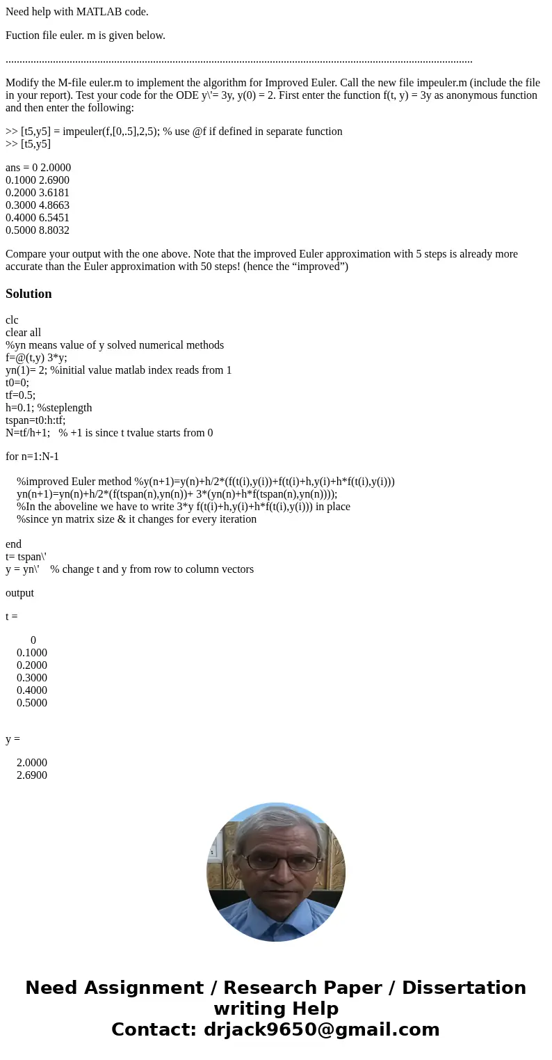 Need help with MATLAB code. Fuction file euler. m is given below. .............................................................................................. Need help with MATLAB code. Fuction file euler. m is given below. ..............................................................................................