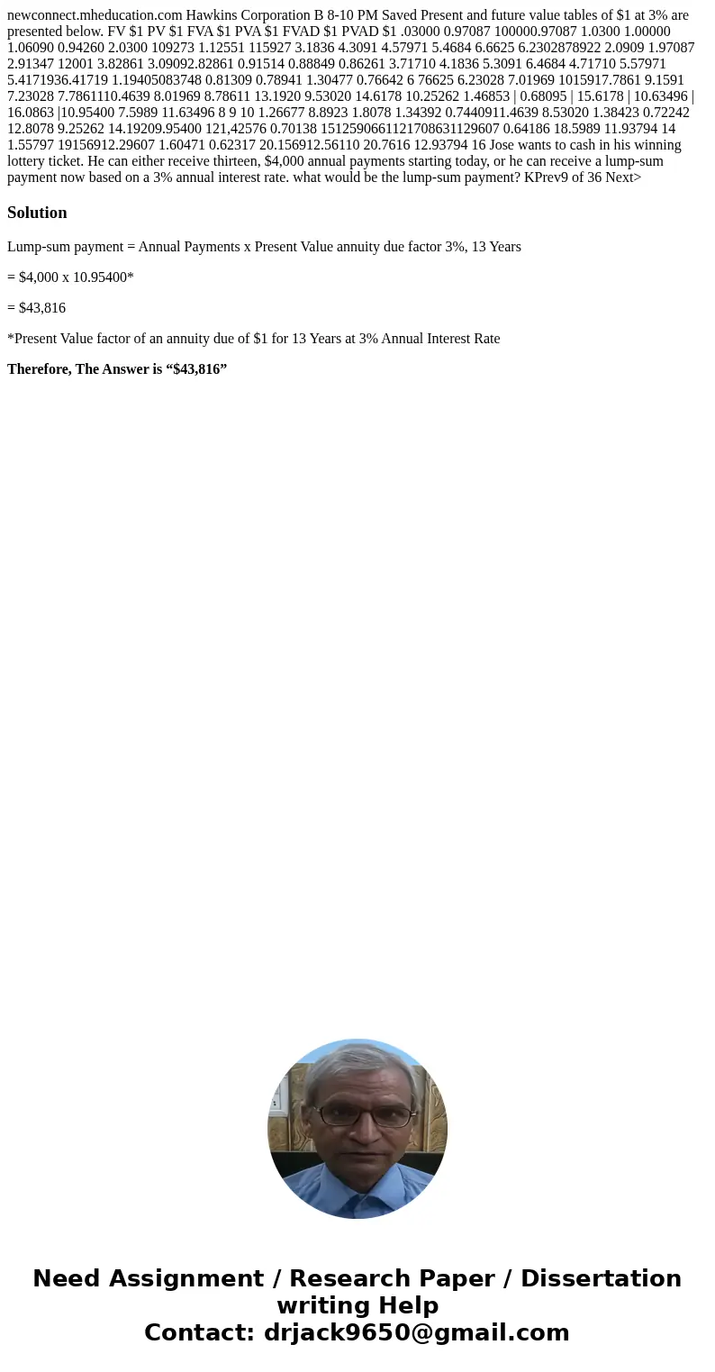 newconnect.mheducation.com Hawkins Corporation B 8-10 PM Saved Present and future value tables of $1 at 3% are presented below. FV $1 PV $1 FVA $1 PVA $1 FVAD   newconnect.mheducation.com Hawkins Corporation B 8-10 PM Saved Present and future value tables of $1 at 3% are presented below. FV $1 PV $1 FVA $1 PVA $1 FVAD