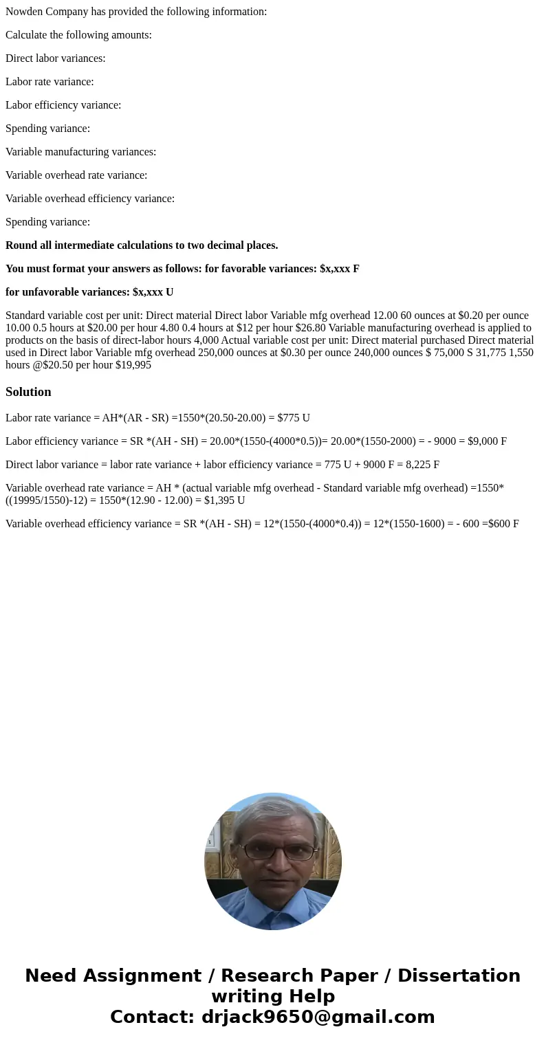 Nowden Company has provided the following information: Calculate the following amounts: Direct labor variances: Labor rate variance: Labor efficiency variance:  Nowden Company has provided the following information: Calculate the following amounts: Direct labor variances: Labor rate variance: Labor efficiency variance: