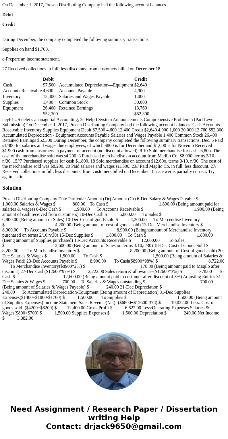 On December 1, 2017, Prosen Distributing Company had the following account balances. Debit Credit During December, the company completed the following summary t On December 1, 2017, Prosen Distributing Company had the following account balances. Debit Credit During December, the company completed the following summary t