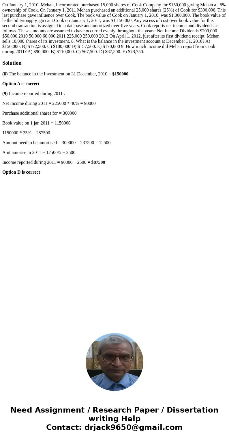 On January 1, 2010, Mehan, Incorporated purchased 15,000 shares of Cook Company for $150,000 giving Mehan a l 5% ownership of Cook. On January 1, 2011 Mehan pu  On January 1, 2010, Mehan, Incorporated purchased 15,000 shares of Cook Company for $150,000 giving Mehan a l 5% ownership of Cook. On January 1, 2011 Mehan pu
