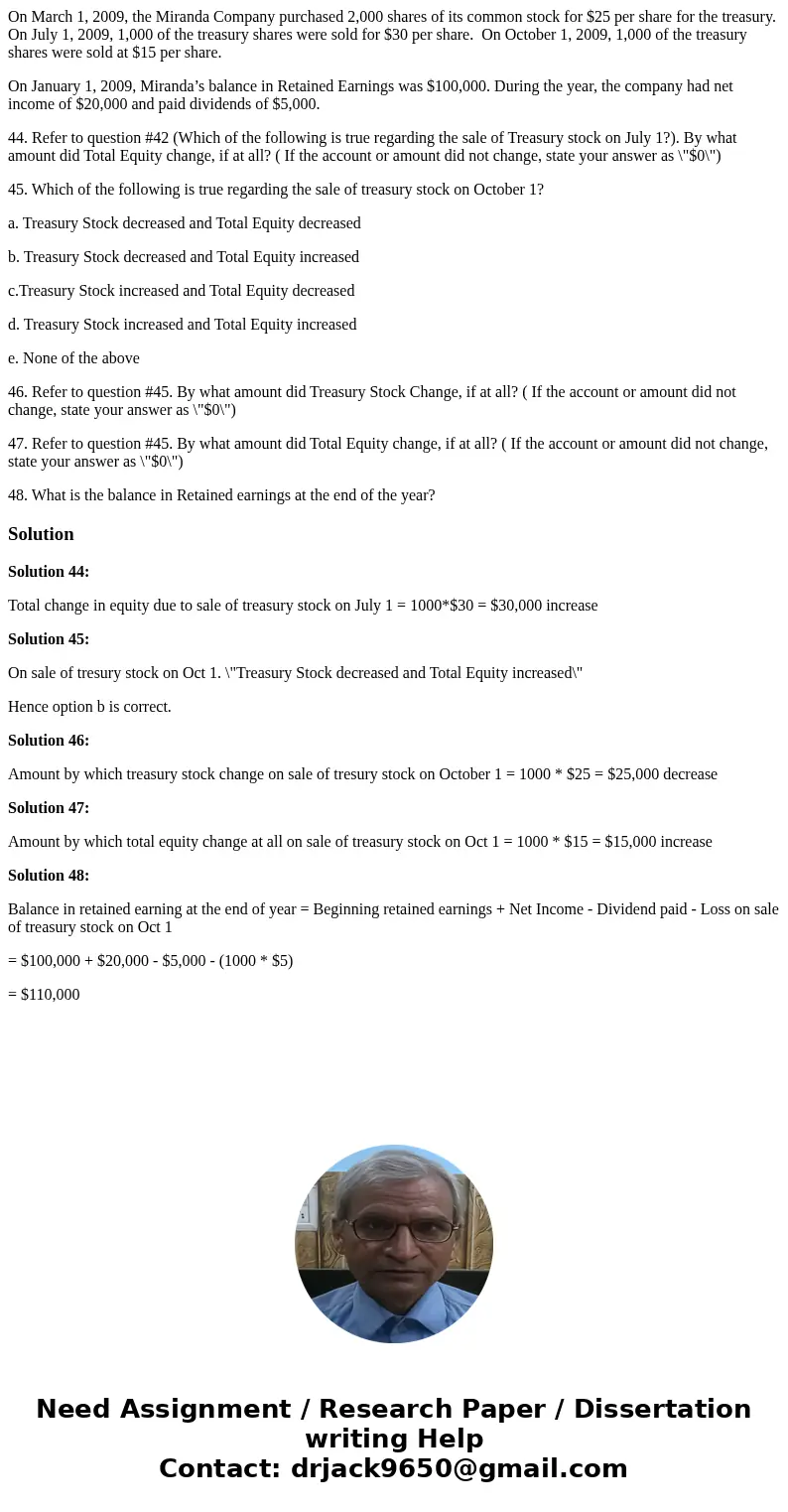 On March 1, 2009, the Miranda Company purchased 2,000 shares of its common stock for $25 per share for the treasury. On July 1, 2009, 1,000 of the treasury shar On March 1, 2009, the Miranda Company purchased 2,000 shares of its common stock for $25 per share for the treasury. On July 1, 2009, 1,000 of the treasury shar
