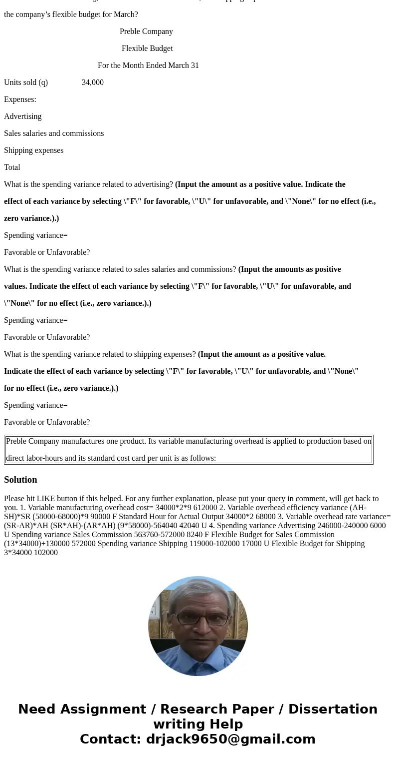 Preble Company manufactures one product. Its variable manufacturing overhead is applied to production based on direct labor-hours and its standard cost card per Preble Company manufactures one product. Its variable manufacturing overhead is applied to production based on direct labor-hours and its standard cost card per