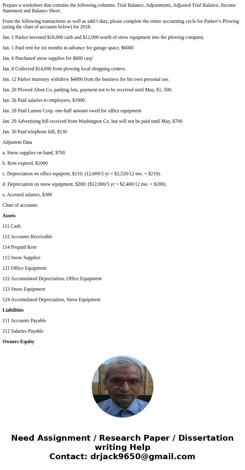 Prepare a worksheet that contains the following columns: Trial Balance, Adjustments, Adjusted Trial Balance, Income Statement and Balance Sheet. From the follow