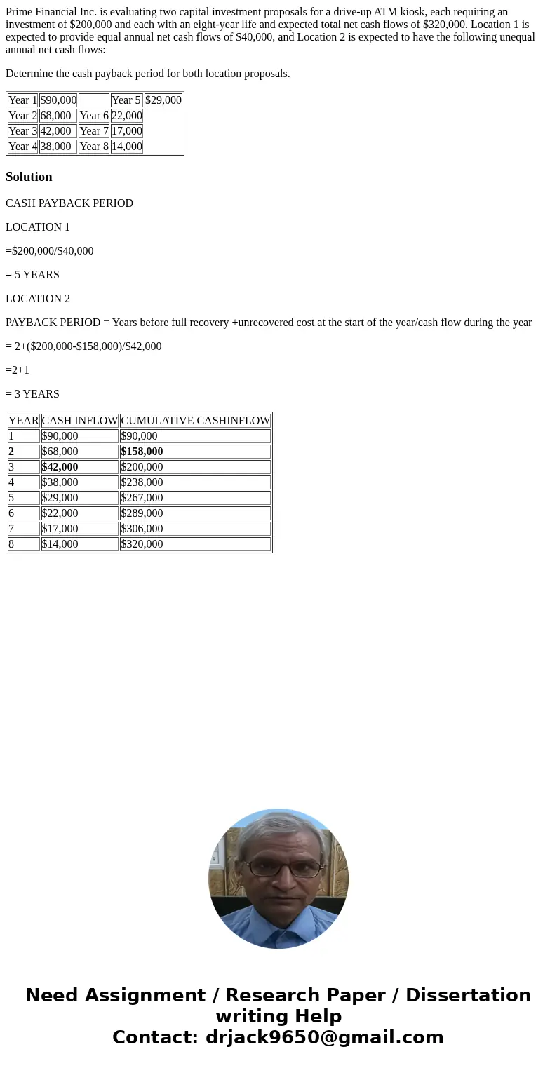 Prime Financial Inc. is evaluating two capital investment proposals for a drive-up ATM kiosk, each requiring an investment of $200,000 and each with an eight-ye