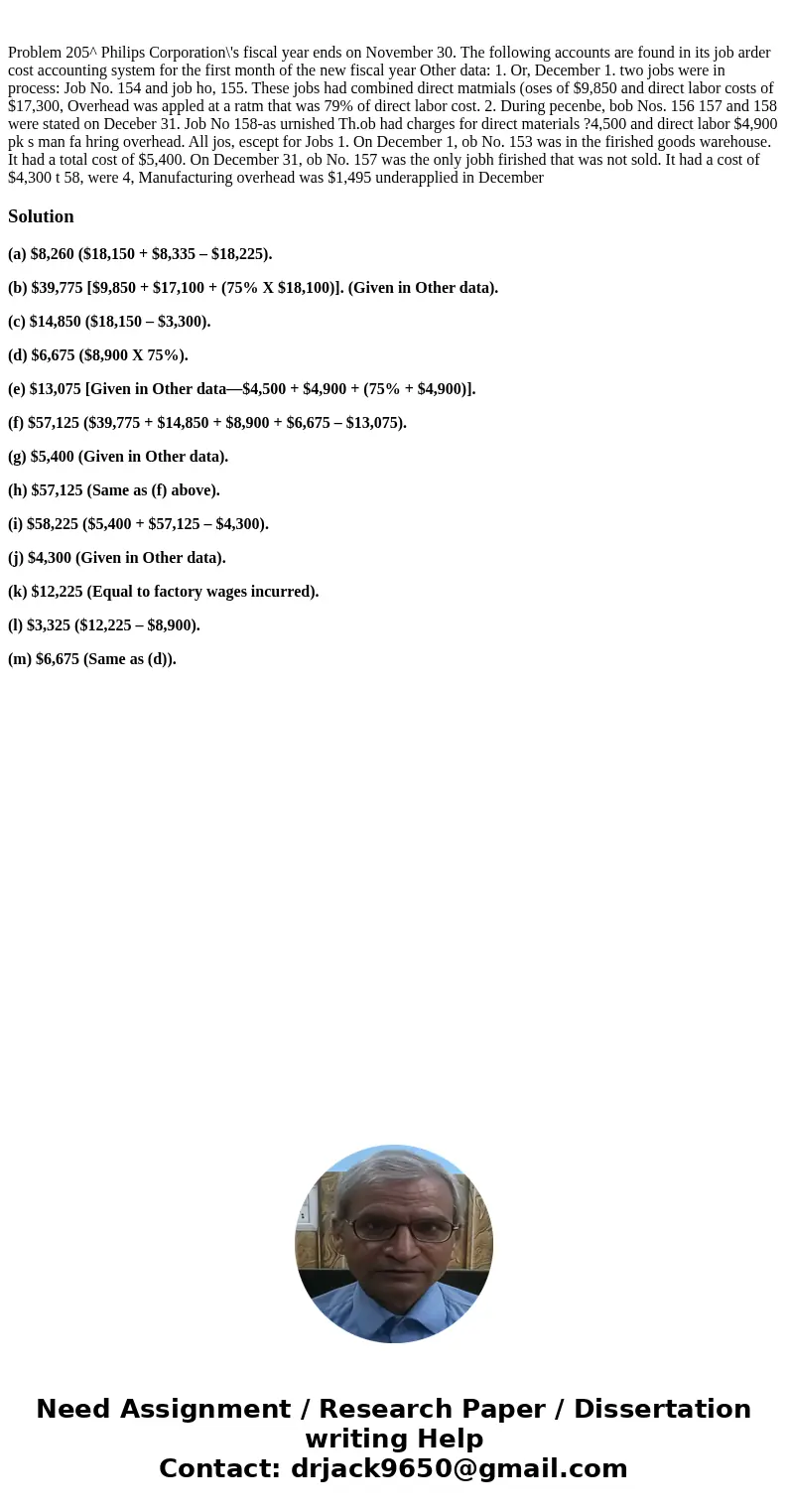  Problem 205^ Philips Corporation\'s fiscal year ends on November 30. The following accounts are found in its job arder cost accounting system for the first mon