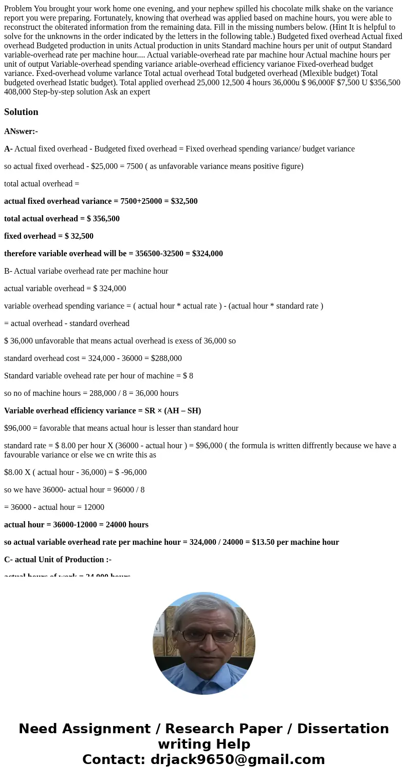 Problem You brought your work home one evening, and your nephew spilled his chocolate milk shake on the variance report you were preparing. Fortunately, knowin  Problem You brought your work home one evening, and your nephew spilled his chocolate milk shake on the variance report you were preparing. Fortunately, knowin