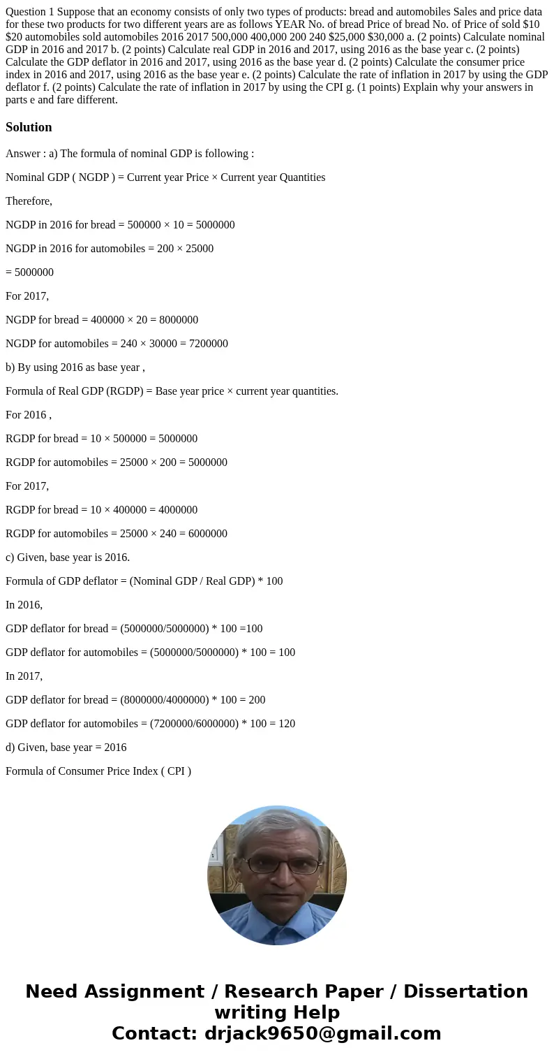 Question 1 Suppose that an economy consists of only two types of products: bread and automobiles Sales and price data for these two products for two different   Question 1 Suppose that an economy consists of only two types of products: bread and automobiles Sales and price data for these two products for two different