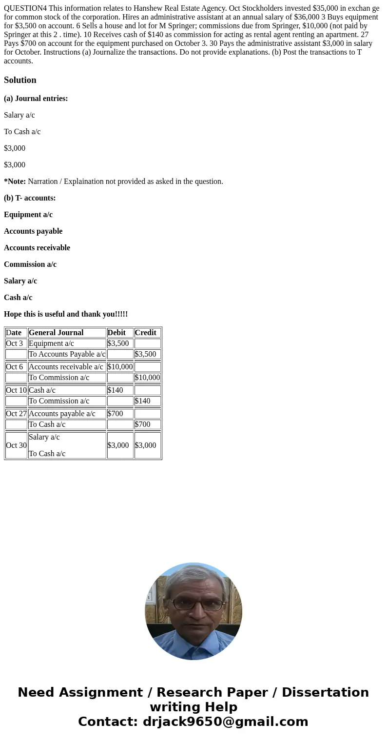 QUESTION4 This information relates to Hanshew Real Estate Agency. Oct Stockholders invested $35,000 in exchan ge for common stock of the corporation. Hires an   QUESTION4 This information relates to Hanshew Real Estate Agency. Oct Stockholders invested $35,000 in exchan ge for common stock of the corporation. Hires an