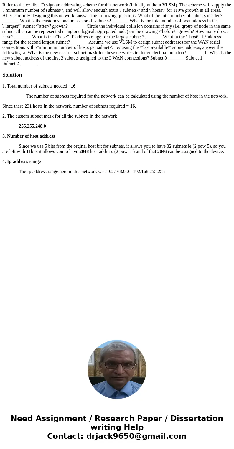 Refer to the exhibit. Design an addressing scheme for this network (initially without VLSM). The scheme will supply the \  Refer to the exhibit. Design an addressing scheme for this network (initially without VLSM). The scheme will supply the \