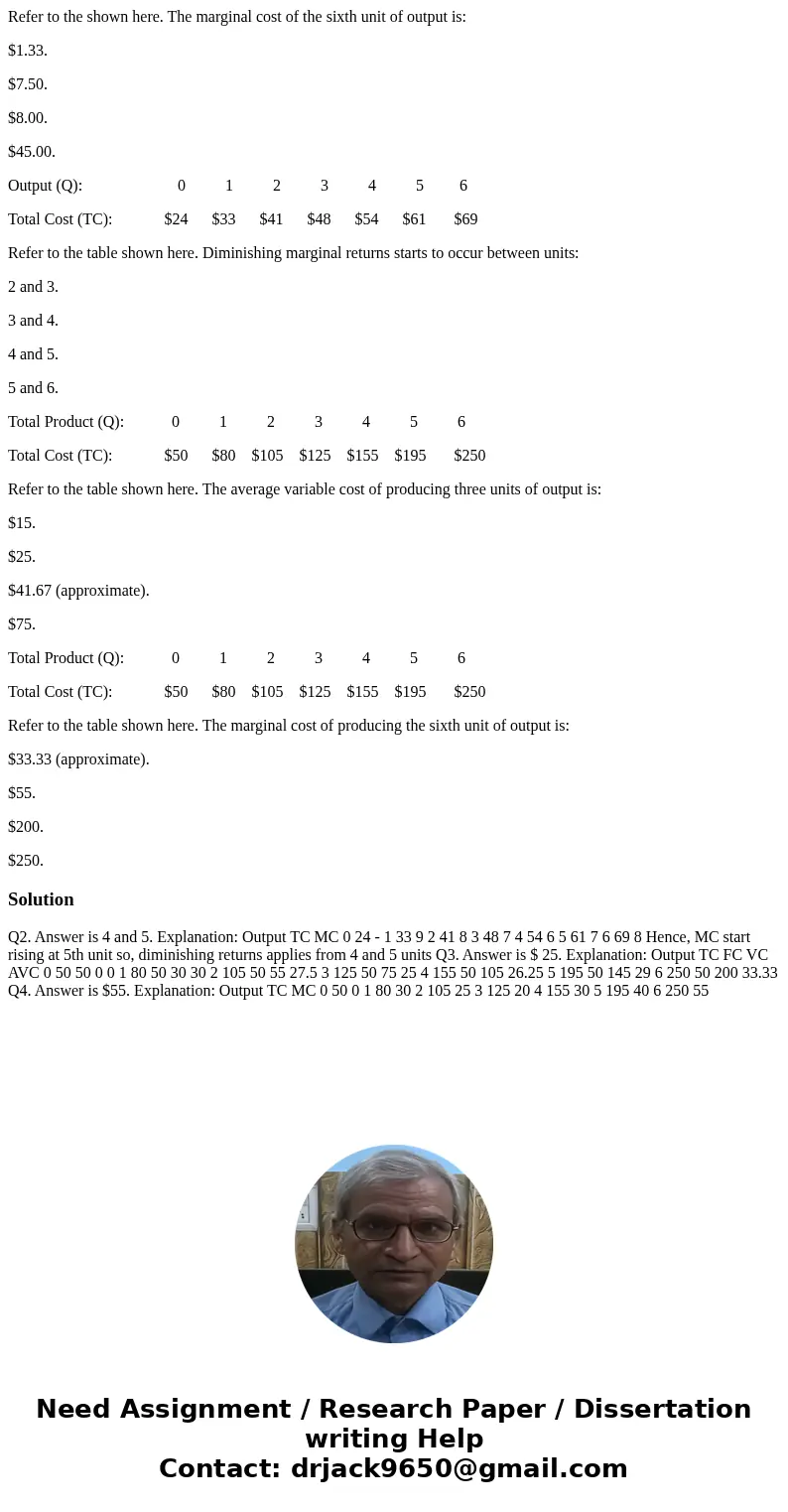 Refer to the shown here. The marginal cost of the sixth unit of output is: $1.33. $7.50. $8.00. $45.00. Output (Q): 0 1 2 3 4 5 6 Total Cost (TC): $24 $33 $41 $ Refer to the shown here. The marginal cost of the sixth unit of output is: $1.33. $7.50. $8.00. $45.00. Output (Q): 0 1 2 3 4 5 6 Total Cost (TC): $24 $33 $41 $