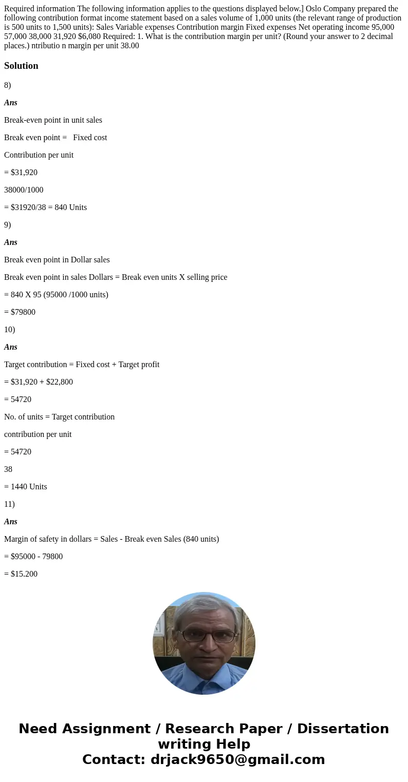  Required information The following information applies to the questions displayed below.] Oslo Company prepared the following contribution format income statem