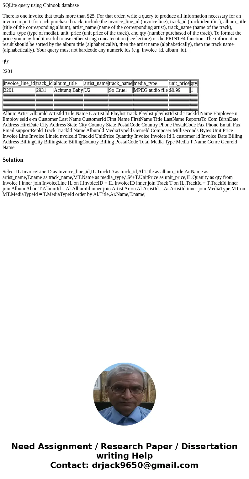 SQLite query using Chinook database There is one invoice that totals more than $25. For that order, write a query to produce all information necessary for an in SQLite query using Chinook database There is one invoice that totals more than $25. For that order, write a query to produce all information necessary for an in
