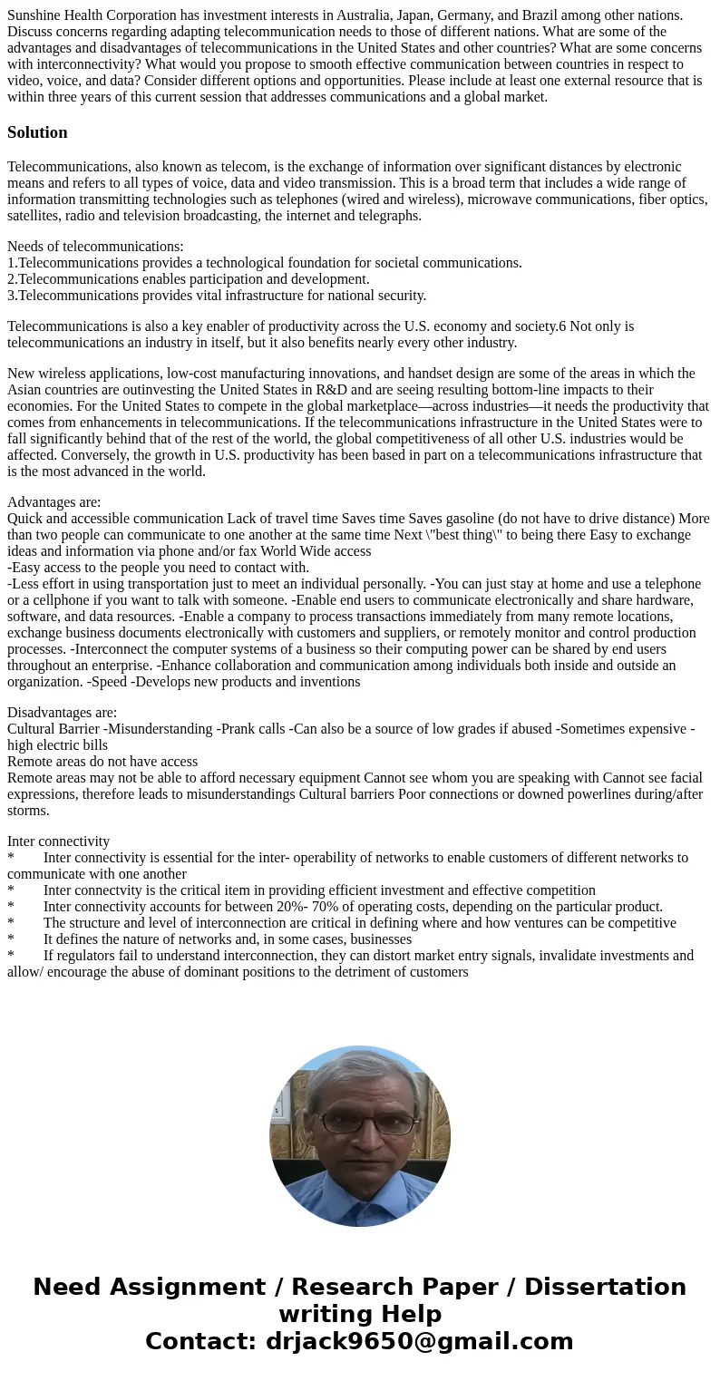 Sunshine Health Corporation has investment interests in Australia, Japan, Germany, and Brazil among other nations. Discuss concerns regarding adapting telecommu Sunshine Health Corporation has investment interests in Australia, Japan, Germany, and Brazil among other nations. Discuss concerns regarding adapting telecommu