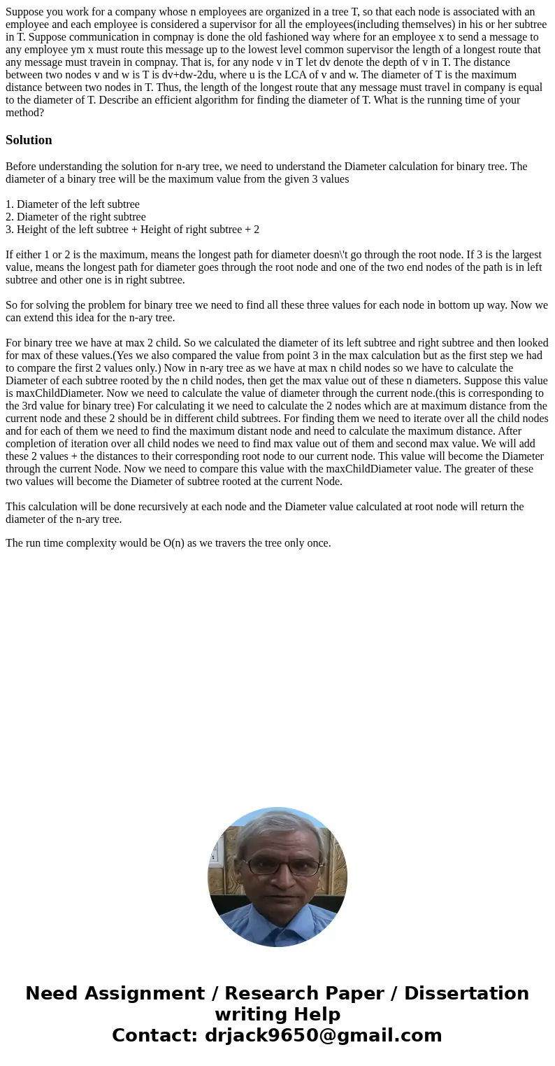 Suppose you work for a company whose n employees are organized in a tree T, so that each node is associated with an employee and each employee is considered a s Suppose you work for a company whose n employees are organized in a tree T, so that each node is associated with an employee and each employee is considered a s