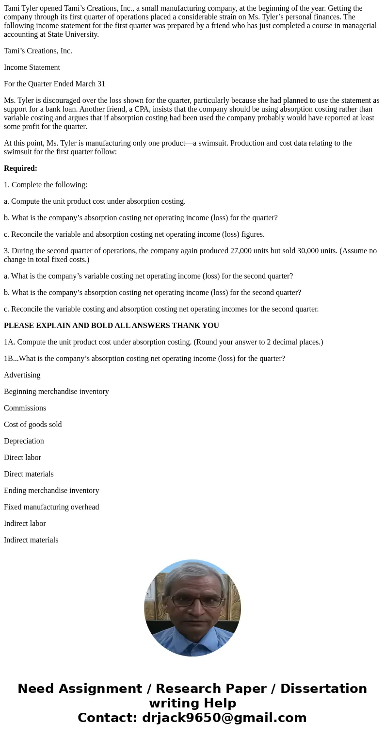 Tami Tyler opened Tami’s Creations, Inc., a small manufacturing company, at the beginning of the year. Getting the company through its first quarter of operatio