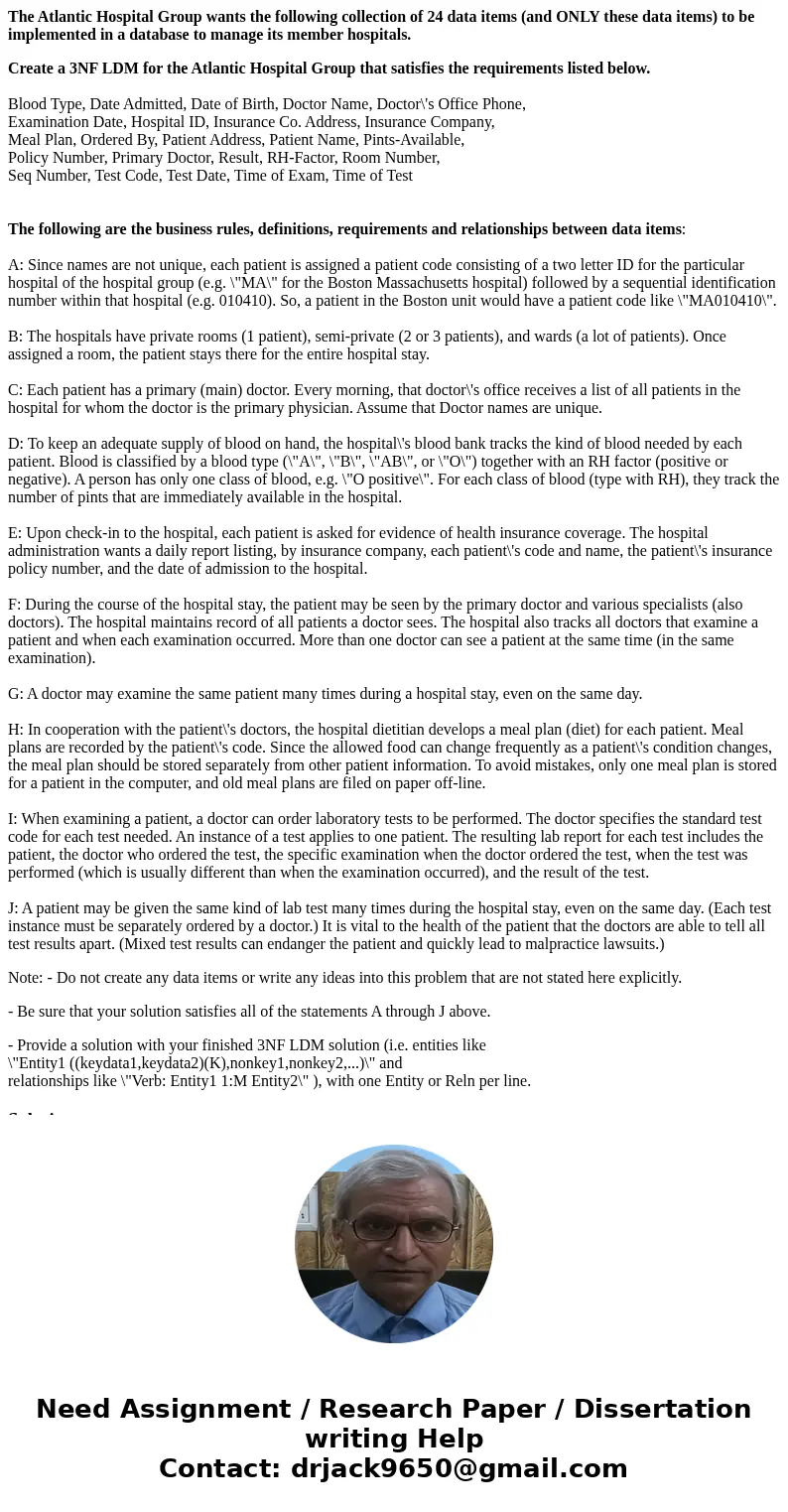 The Atlantic Hospital Group wants the following collection of 24 data items (and ONLY these data items) to be implemented in a database to manage its member hos The Atlantic Hospital Group wants the following collection of 24 data items (and ONLY these data items) to be implemented in a database to manage its member hos