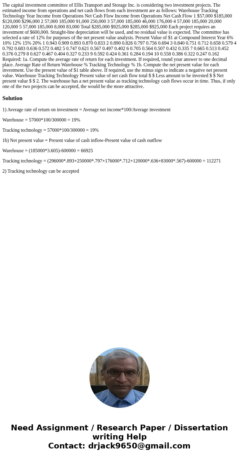 The capital investment committee of Ellis Transport and Storage Inc. is considering two investment projects. The estimated income from operations and net cash f The capital investment committee of Ellis Transport and Storage Inc. is considering two investment projects. The estimated income from operations and net cash f