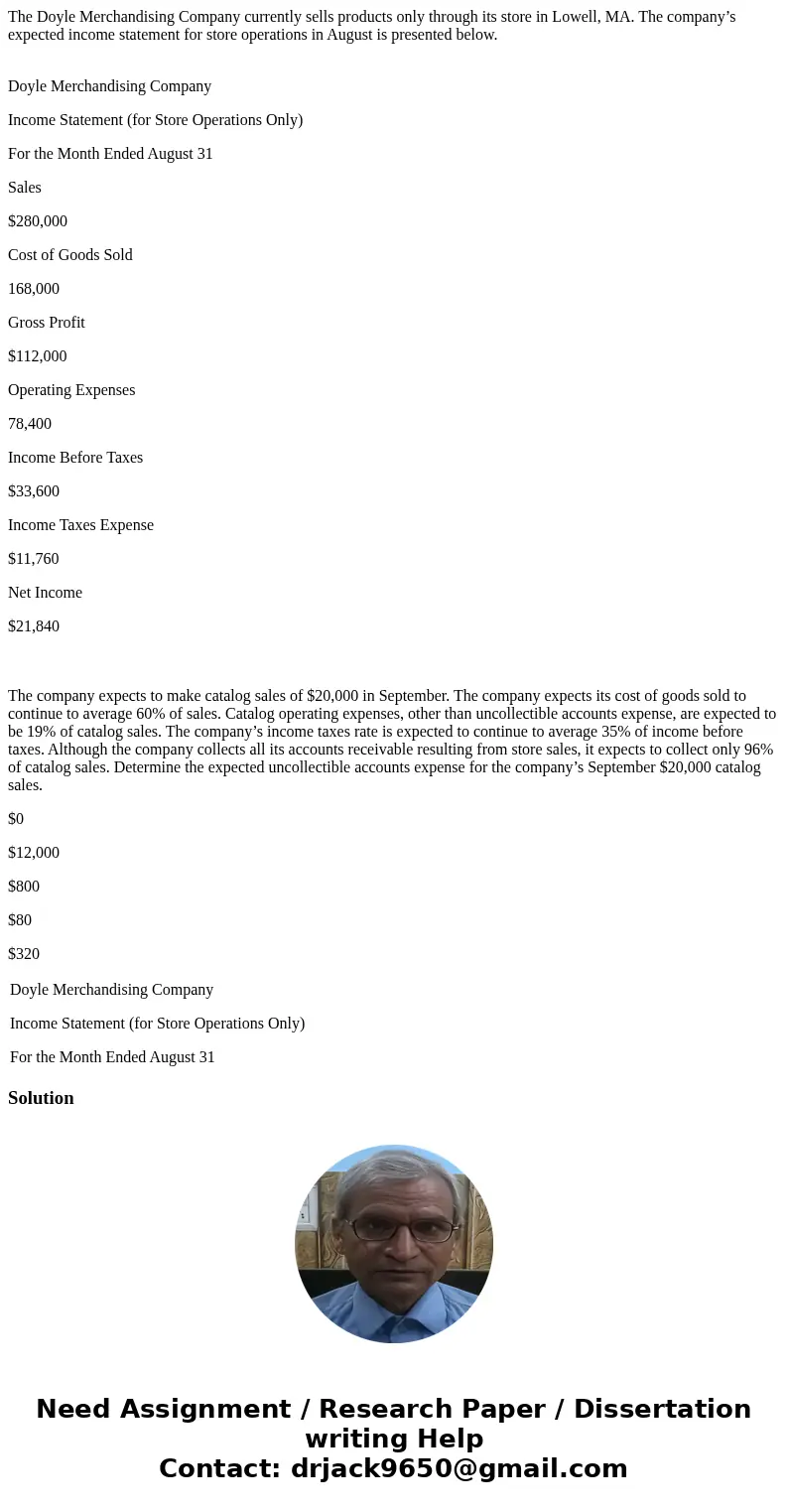 The Doyle Merchandising Company currently sells products only through its store in Lowell, MA. The company’s expected income statement for store operations in A The Doyle Merchandising Company currently sells products only through its store in Lowell, MA. The company’s expected income statement for store operations in A