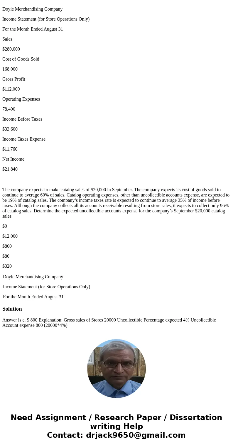 The Doyle Merchandising Company currently sells products only through its store in Lowell, MA. The company’s expected income statement for store operations in A The Doyle Merchandising Company currently sells products only through its store in Lowell, MA. The company’s expected income statement for store operations in A