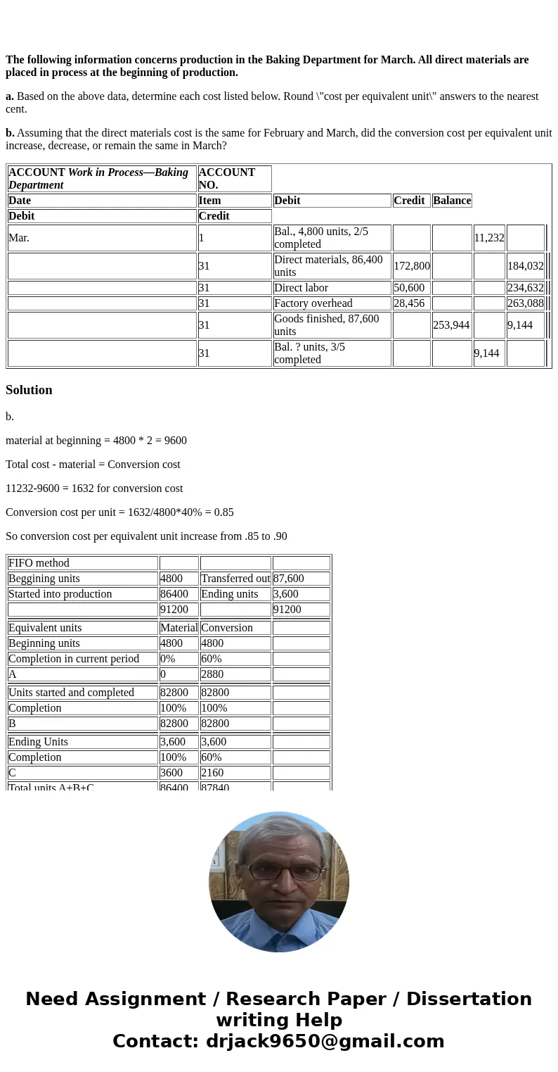  The following information concerns production in the Baking Department for March. All direct materials are placed in process at the beginning of production. a.