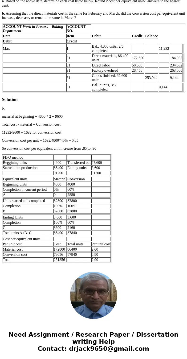  The following information concerns production in the Baking Department for March. All direct materials are placed in process at the beginning of production. a.