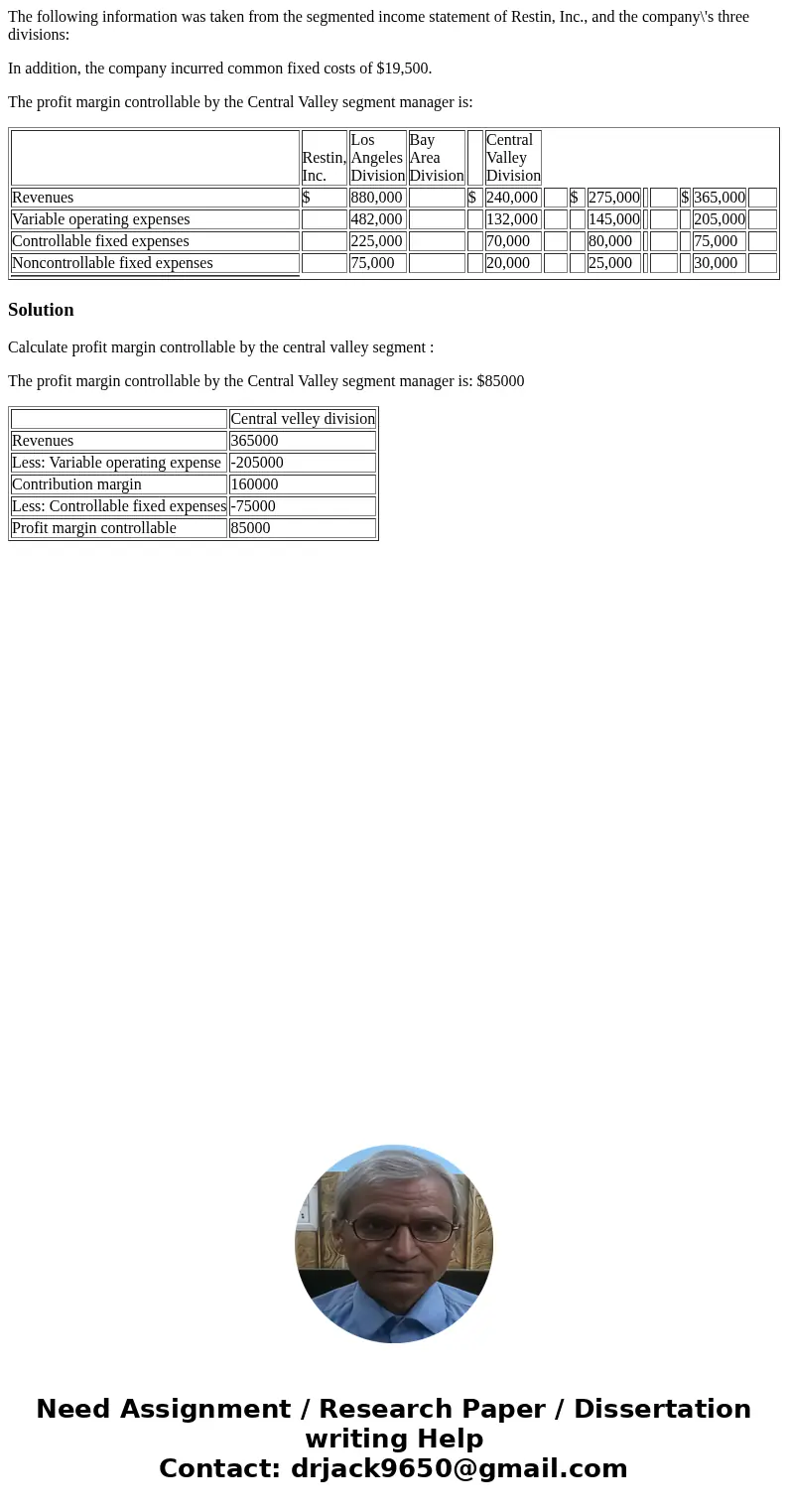 The following information was taken from the segmented income statement of Restin, Inc., and the company\'s three divisions: In addition, the company incurred c