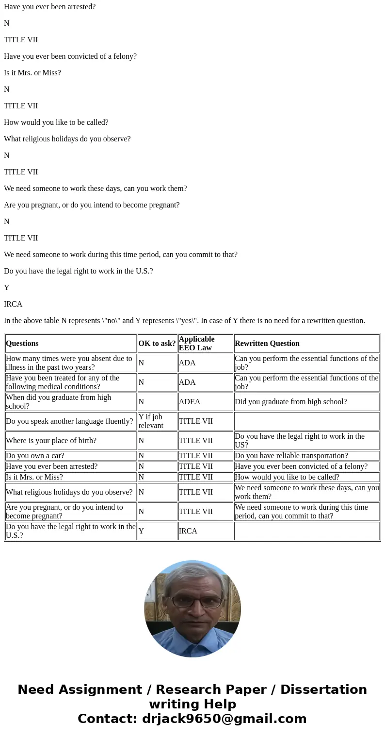 The following questions are similar to ones that might appear on a job application form or might be asked in an interview. Decide whether each question is appro The following questions are similar to ones that might appear on a job application form or might be asked in an interview. Decide whether each question is appro