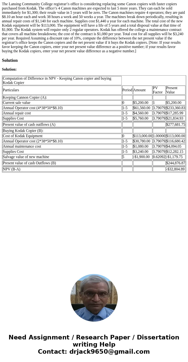 The Lansing Community College registrar\'s office is considering replacing some Canon copiers with faster copiers purchased from Kodak. The office\'s 4 Canon ma