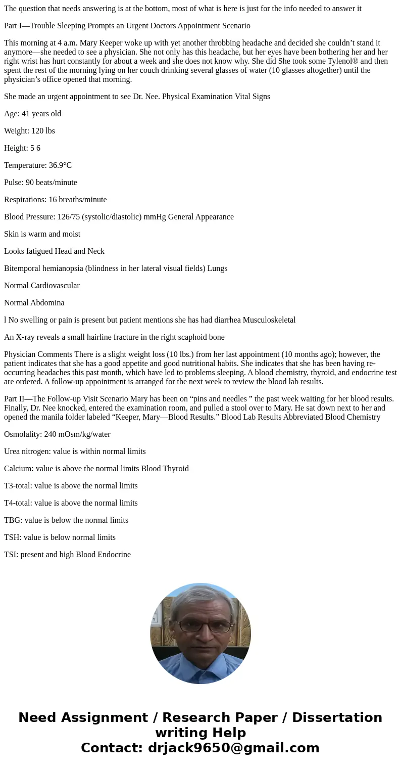 The question that needs answering is at the bottom, most of what is here is just for the info needed to answer it Part I—Trouble Sleeping Prompts an Urgent Doct The question that needs answering is at the bottom, most of what is here is just for the info needed to answer it Part I—Trouble Sleeping Prompts an Urgent Doct