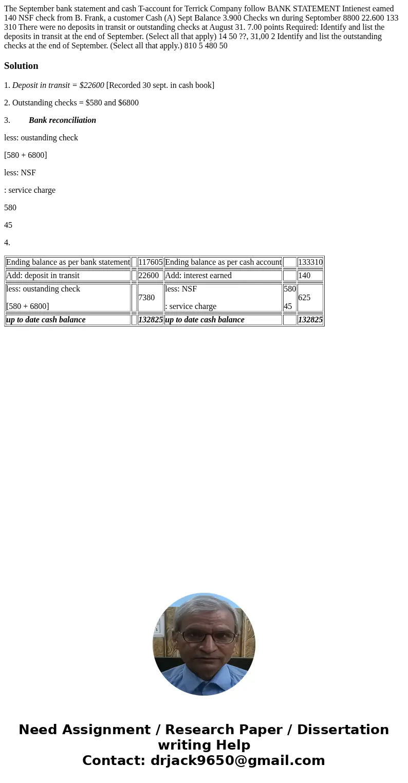  The September bank statement and cash T-account for Terrick Company follow BANK STATEMENT Intienest eamed 140 NSF check from B. Frank, a customer Cash (A) Sept
