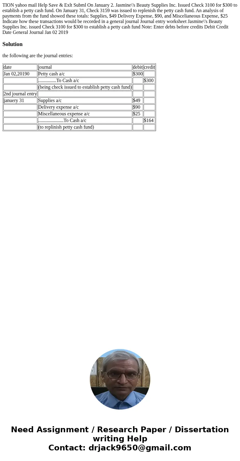 TION yahoo mail Help Save & Exlt Subml On January 2. Jasmine\'s Beauty Supplies Inc. Issued Check 3100 for $300 to establish a petty cash fund. On January   TION yahoo mail Help Save & Exlt Subml On January 2. Jasmine\'s Beauty Supplies Inc. Issued Check 3100 for $300 to establish a petty cash fund. On January