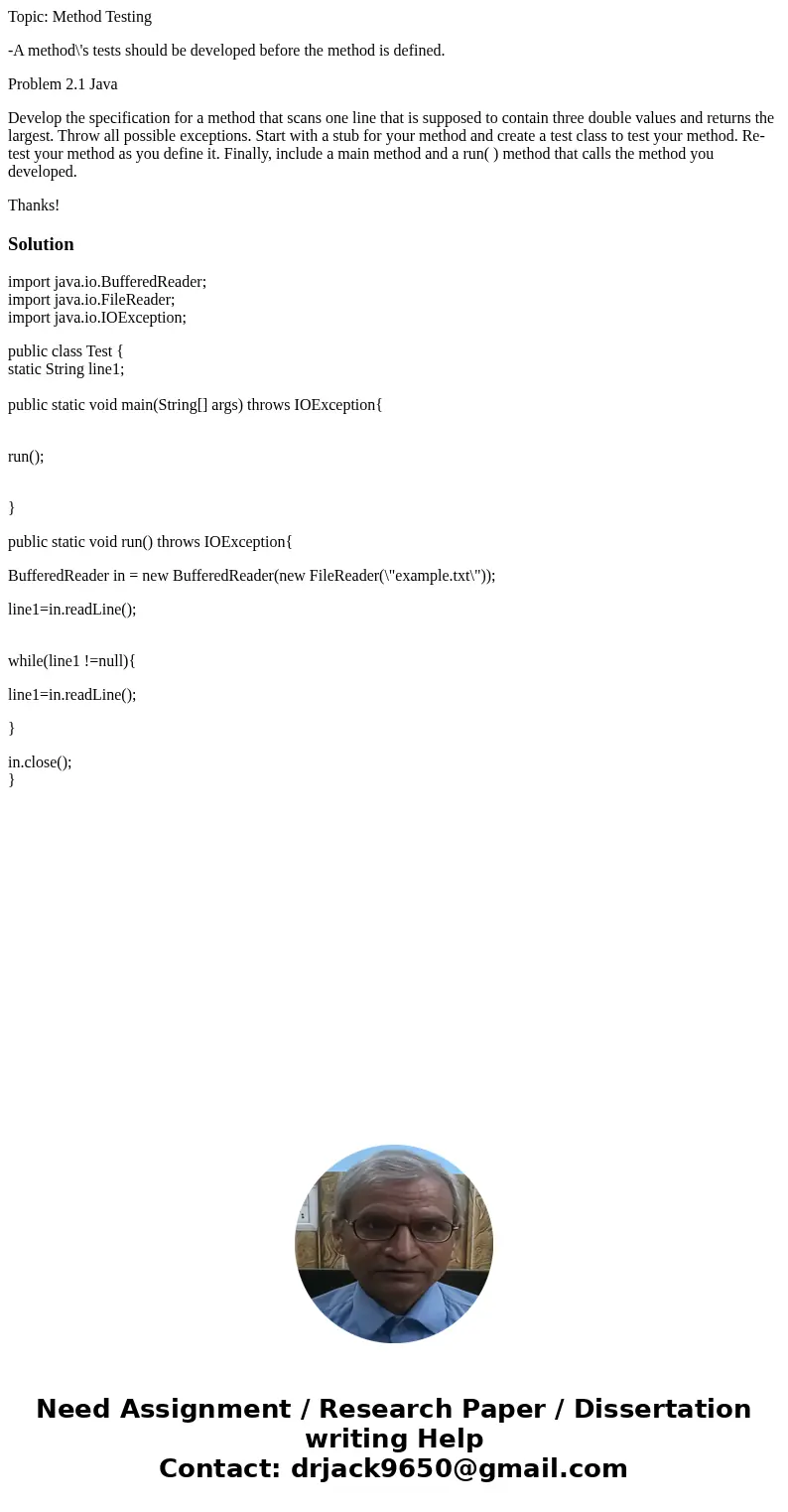 Topic: Method Testing -A method\'s tests should be developed before the method is defined. Problem 2.1 Java Develop the specification for a method that scans on Topic: Method Testing -A method\'s tests should be developed before the method is defined. Problem 2.1 Java Develop the specification for a method that scans on