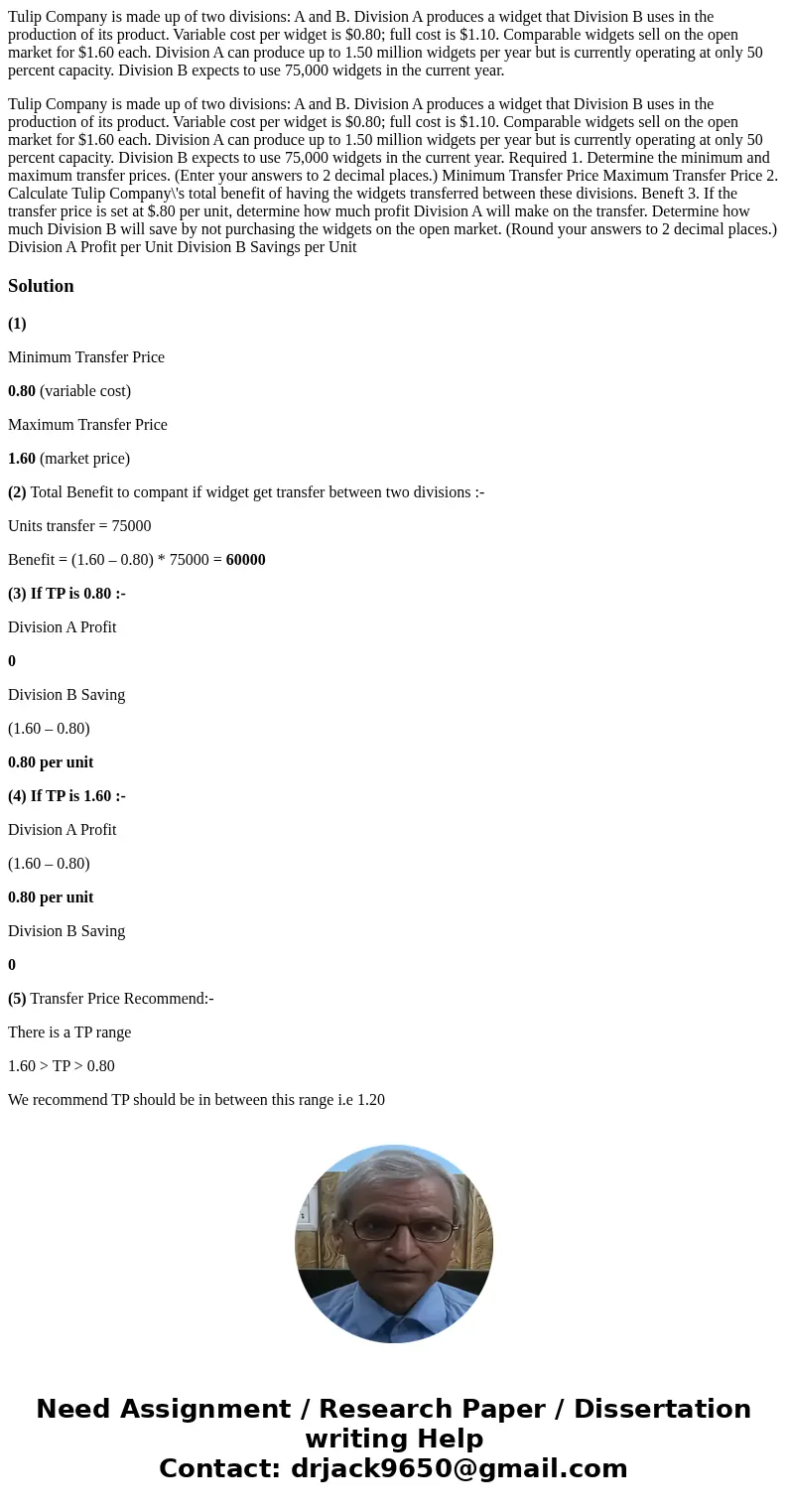 Tulip Company is made up of two divisions: A and B. Division A produces a widget that Division B uses in the production of its product. Variable cost per widget Tulip Company is made up of two divisions: A and B. Division A produces a widget that Division B uses in the production of its product. Variable cost per widget