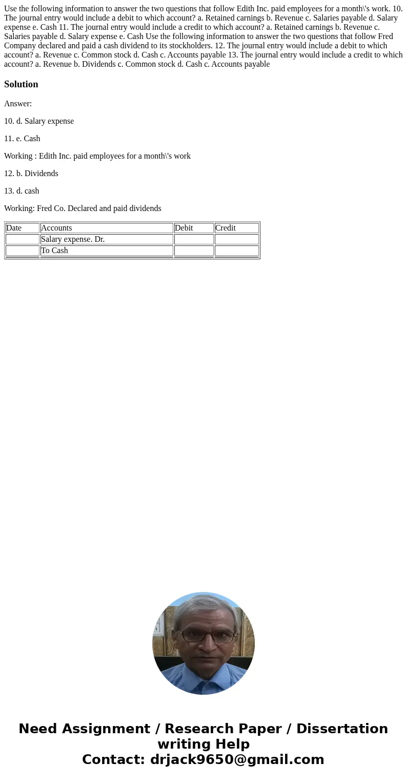 Use the following information to answer the two questions that follow Edith Inc. paid employees for a month\'s work. 10. The journal entry would include a debi  Use the following information to answer the two questions that follow Edith Inc. paid employees for a month\'s work. 10. The journal entry would include a debi