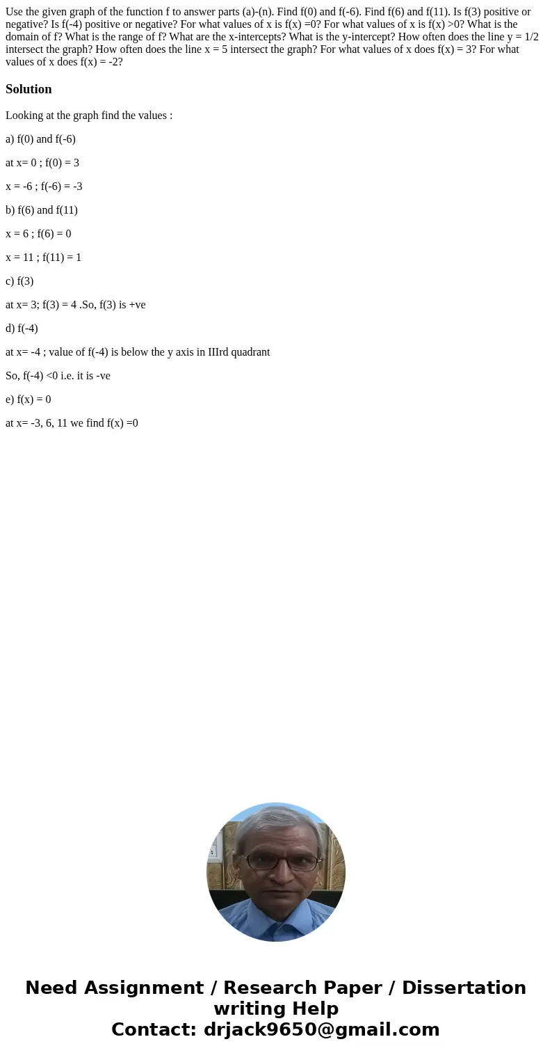 Use the given graph of the function f to answer parts (a)-(n). Find f(0) and f(-6). Find f(6) and f(11). Is f(3) positive or negative? Is f(-4) positive or neg  Use the given graph of the function f to answer parts (a)-(n). Find f(0) and f(-6). Find f(6) and f(11). Is f(3) positive or negative? Is f(-4) positive or neg