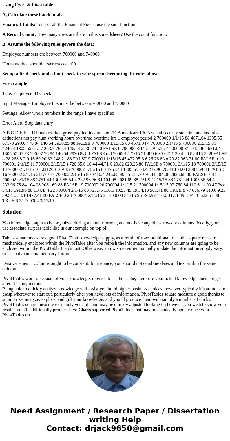 Using Excel & Pivot table A, Calculate these batch totals Financial Totals: Total of all the Financial Fields, use the sum function. A Record Count: How man Using Excel & Pivot table A, Calculate these batch totals Financial Totals: Total of all the Financial Fields, use the sum function. A Record Count: How man