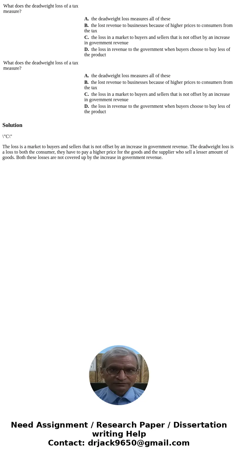  What does the deadweight loss of a tax measure? A. the deadweight loss measures all of these B. the lost revenue to businesses because of higher prices to cons