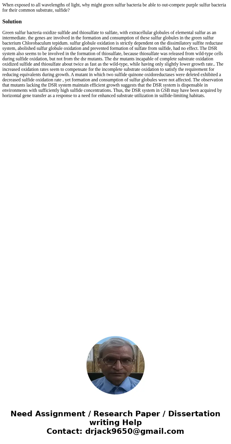 When exposed to all wavelengths of light, why might green sulfur bacteria be able to out-compete purple sulfur bacteria for their common substrate, sulfide?Solu When exposed to all wavelengths of light, why might green sulfur bacteria be able to out-compete purple sulfur bacteria for their common substrate, sulfide?Solu