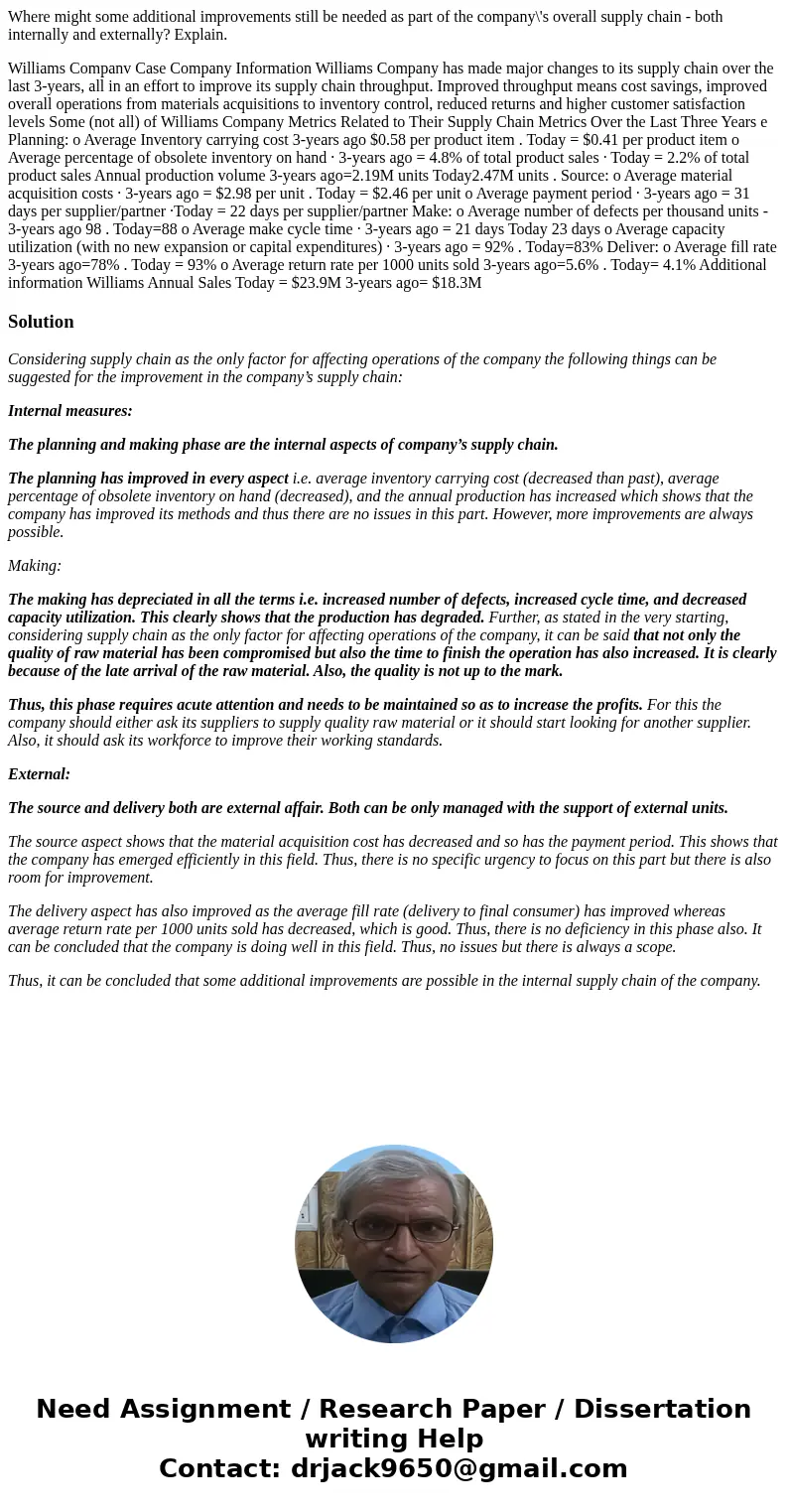 Where might some additional improvements still be needed as part of the company\'s overall supply chain - both internally and externally? Explain. Williams Comp Where might some additional improvements still be needed as part of the company\'s overall supply chain - both internally and externally? Explain. Williams Comp